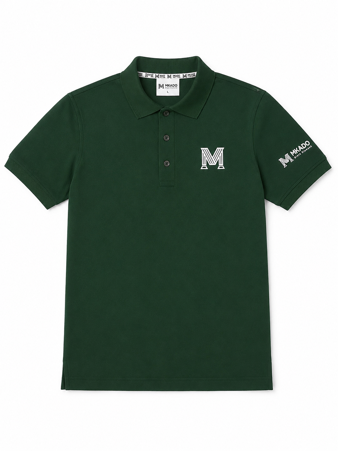Front view of a forest-green MKADO Black Diamond golf polo with white M monogram and sleeve logo