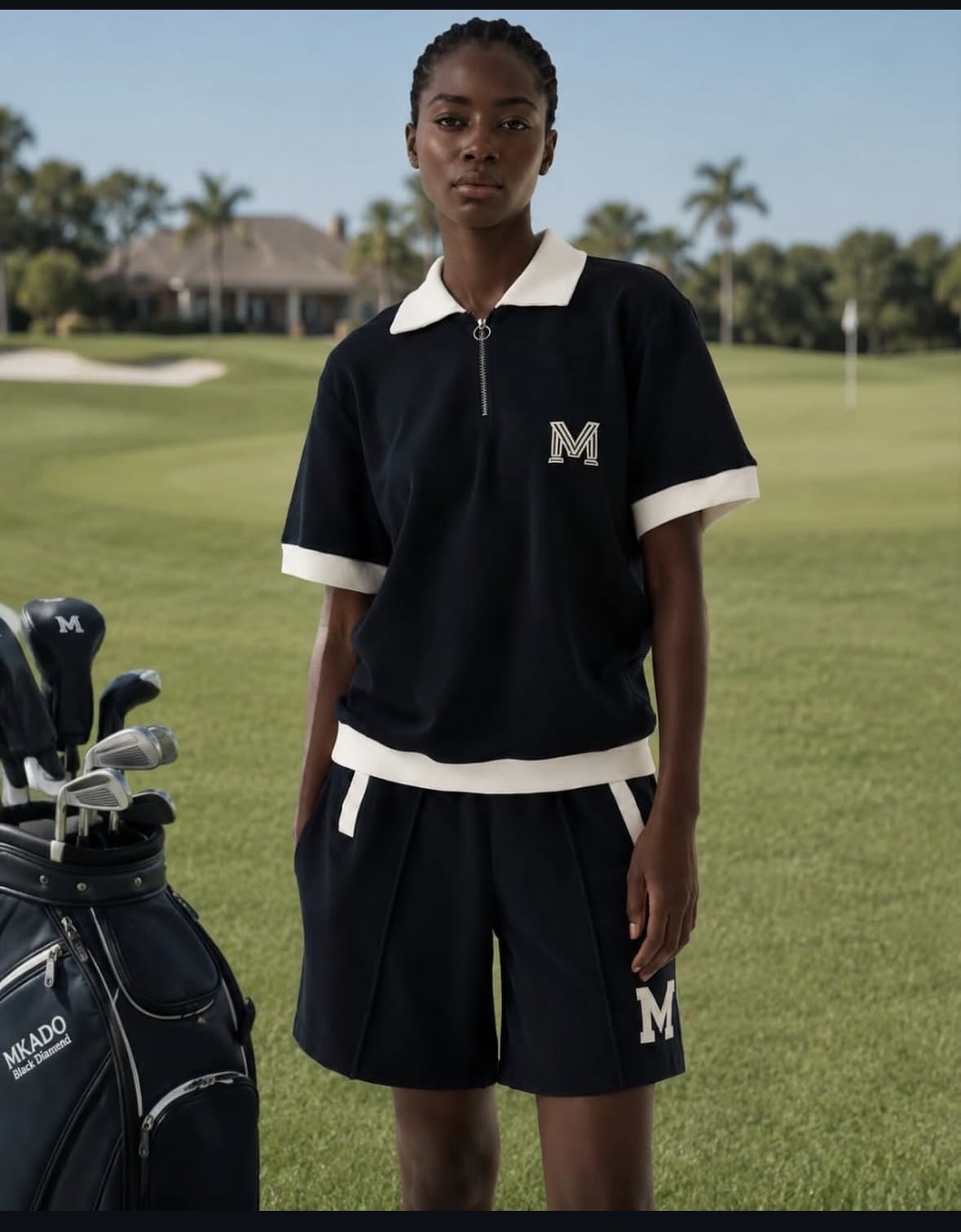 Model on a golf course in a black MKADO quarter-zip golf top and matching shorts with cream trim