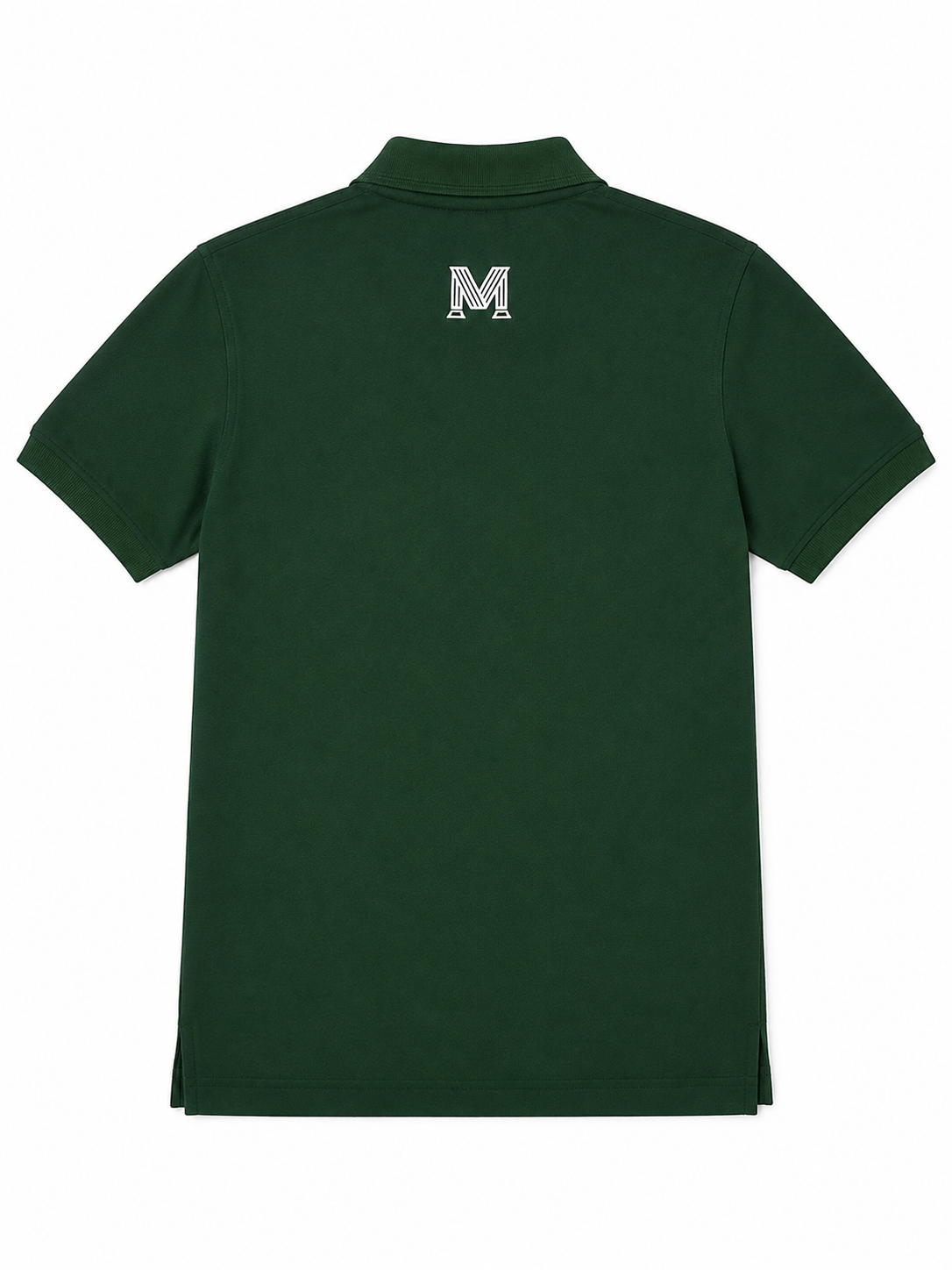 Back view of the forest-green MKADO Black Diamond golf polo with white M monogram below the collar
