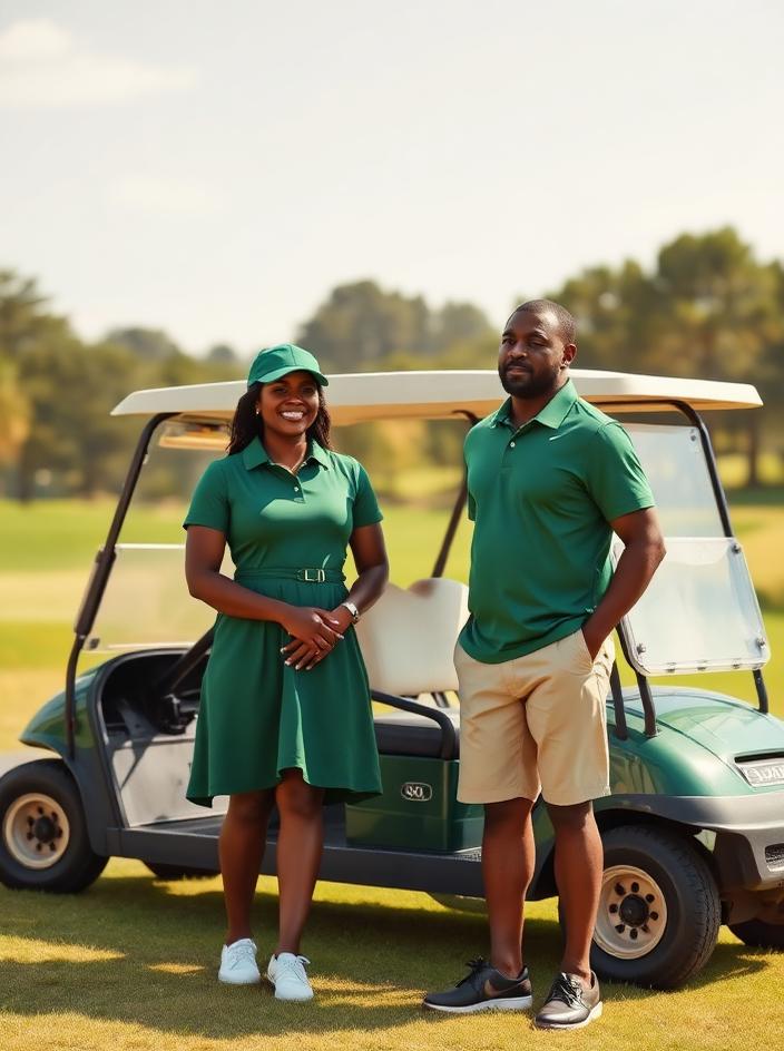Couple in matching green MKADO golf apparel beside a golf cart